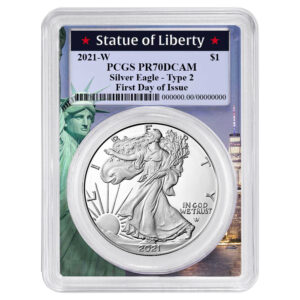 2021-W Proof $1 Type 2 American Silver Eagle PCGS PR70DCAM FDOI Statue Of Liberty Frame
