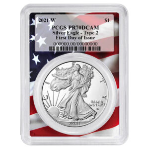 2021-W Proof $1 Type 2 American Silver Eagle PCGS PR70DCAM FDOI Flag Frame