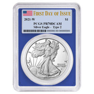 2021-W Proof $1 Type 2 American Silver Eagle PCGS PR70DCAM FDOI Flag Label Blue Frame