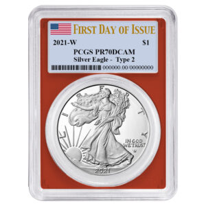 2021-W Proof $1 Type 2 American Silver Eagle PCGS PR70DCAM FDOI Flag Label Red Frame