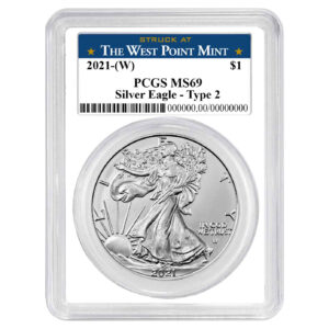 2021 (W) $1 Type 2 American Silver Eagle PCGS MS69 West Point Label White Frame