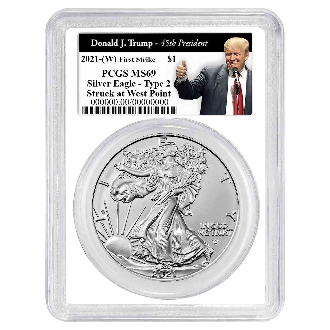 2021 (W) $1 Type 2 American Silver Eagle PCGS MS69 FS Trump 45th President Label White Frame