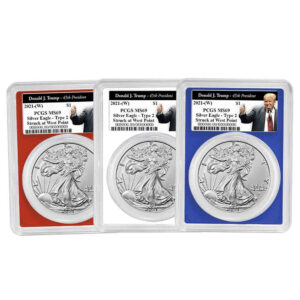2021 (W) $1 Type 2 American Silver Eagle 3pc Set PCGS MS69 Trump 45th President Label Red White Blue