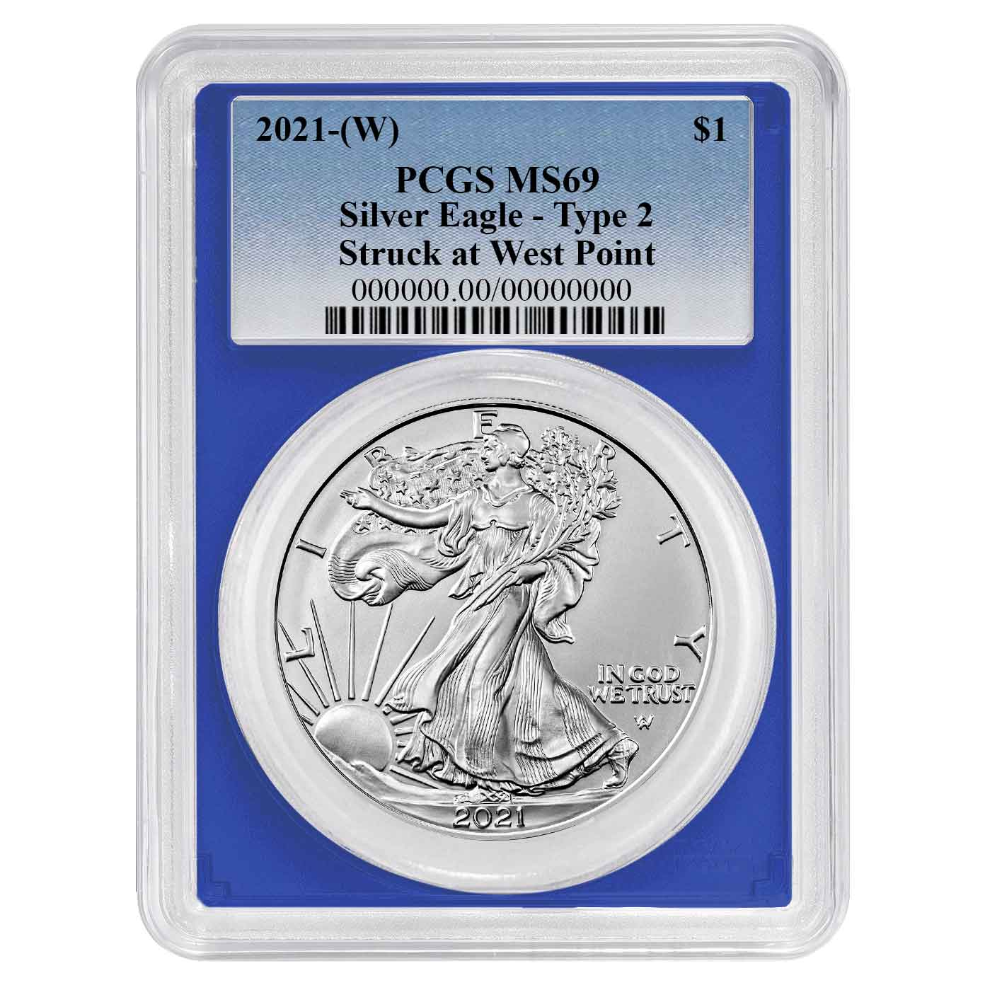 2021 (W) $1 Type 2 American Silver Eagle PCGS MS69 Blue Label Blue Frame