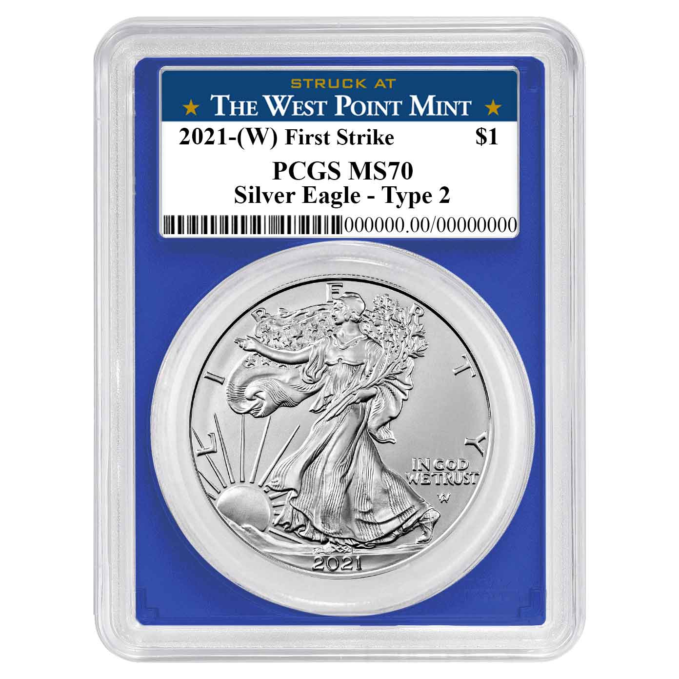 2021 (W) $1 Type 2 American Silver Eagle PCGS MS70 FS West Point Label Blue Frame