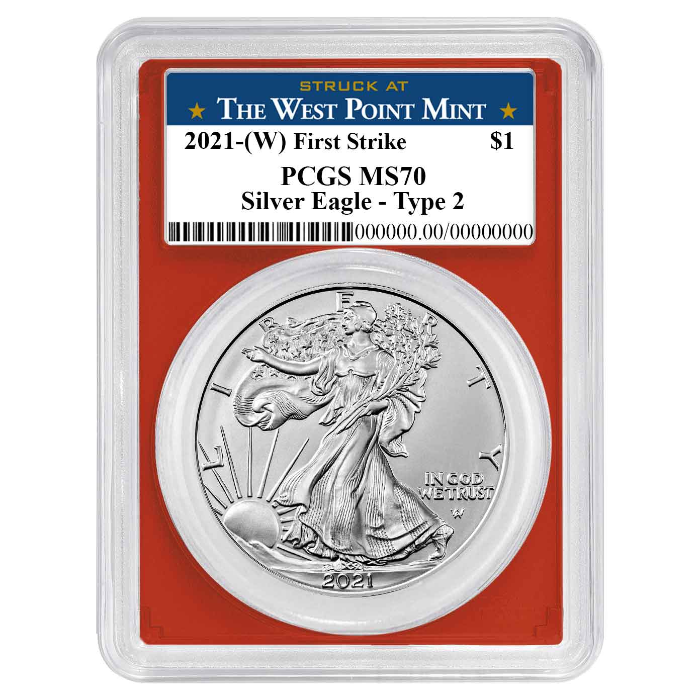 2021 (W) $1 Type 2 American Silver Eagle PCGS MS70 FS West Point Label Red Frame