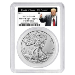 2021 $1 Type 2 American Silver Eagle PCGS MS69 FS Trump 45th President Label White Frame