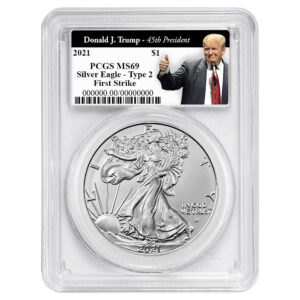 2021 $1 Type 2 American Silver Eagle PCGS MS69 FS Trump 45th President Label