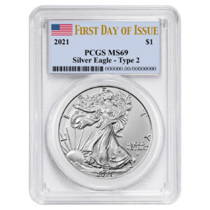 2021 $1 Type 2 American Silver Eagle PCGS MS69 FDOI Flag Label