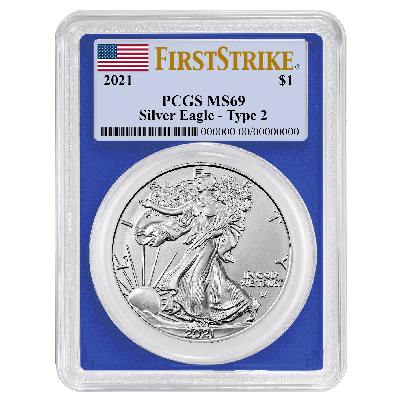 2021 $1 Type 2 American Silver Eagle PCGS MS69 FS Flag Label Blue Frame