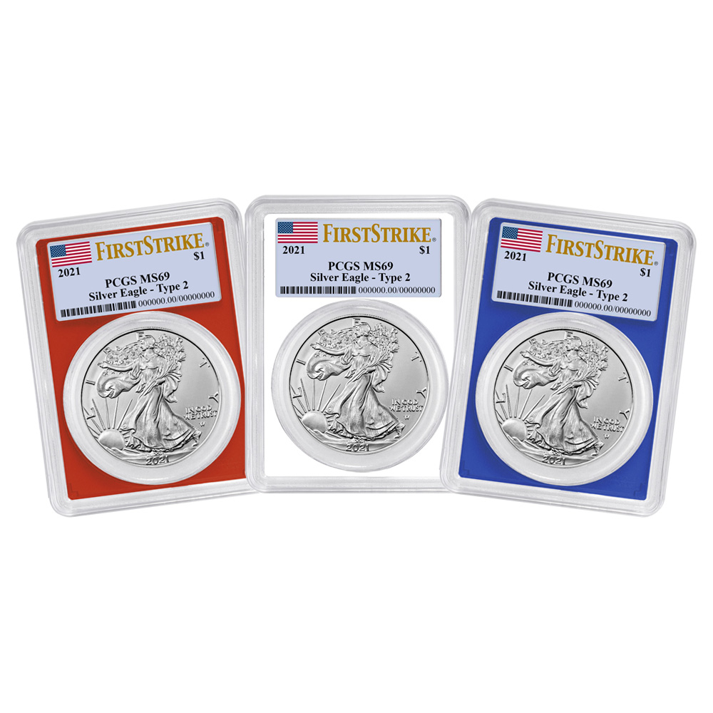 2021 $1 Type 2 American Silver Eagle 3pc Set PCGS MS69 FS Flag Label Red White Blue