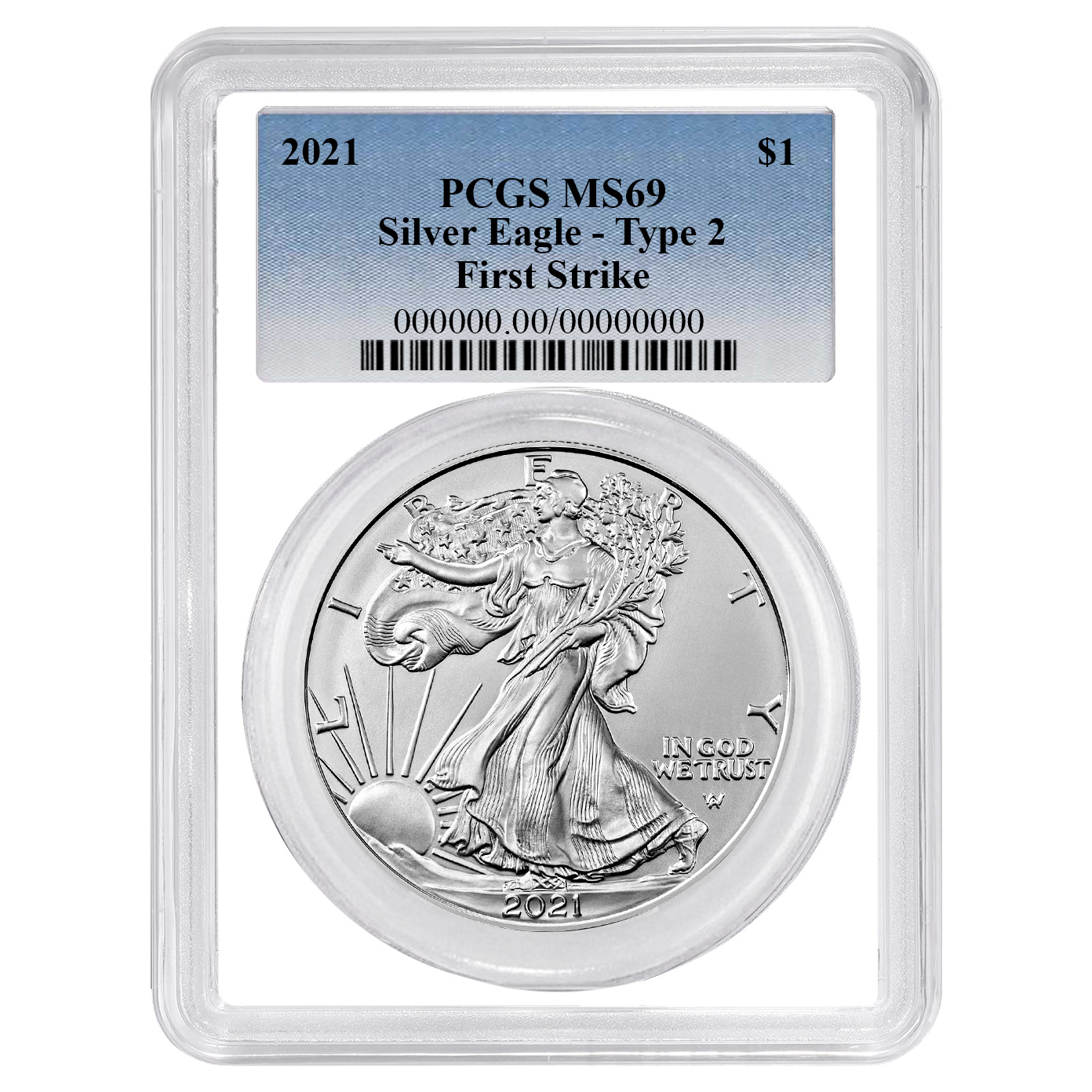 2021 $1 Type 2 American Silver Eagle PCGS MS69 FS Blue Label White Frame