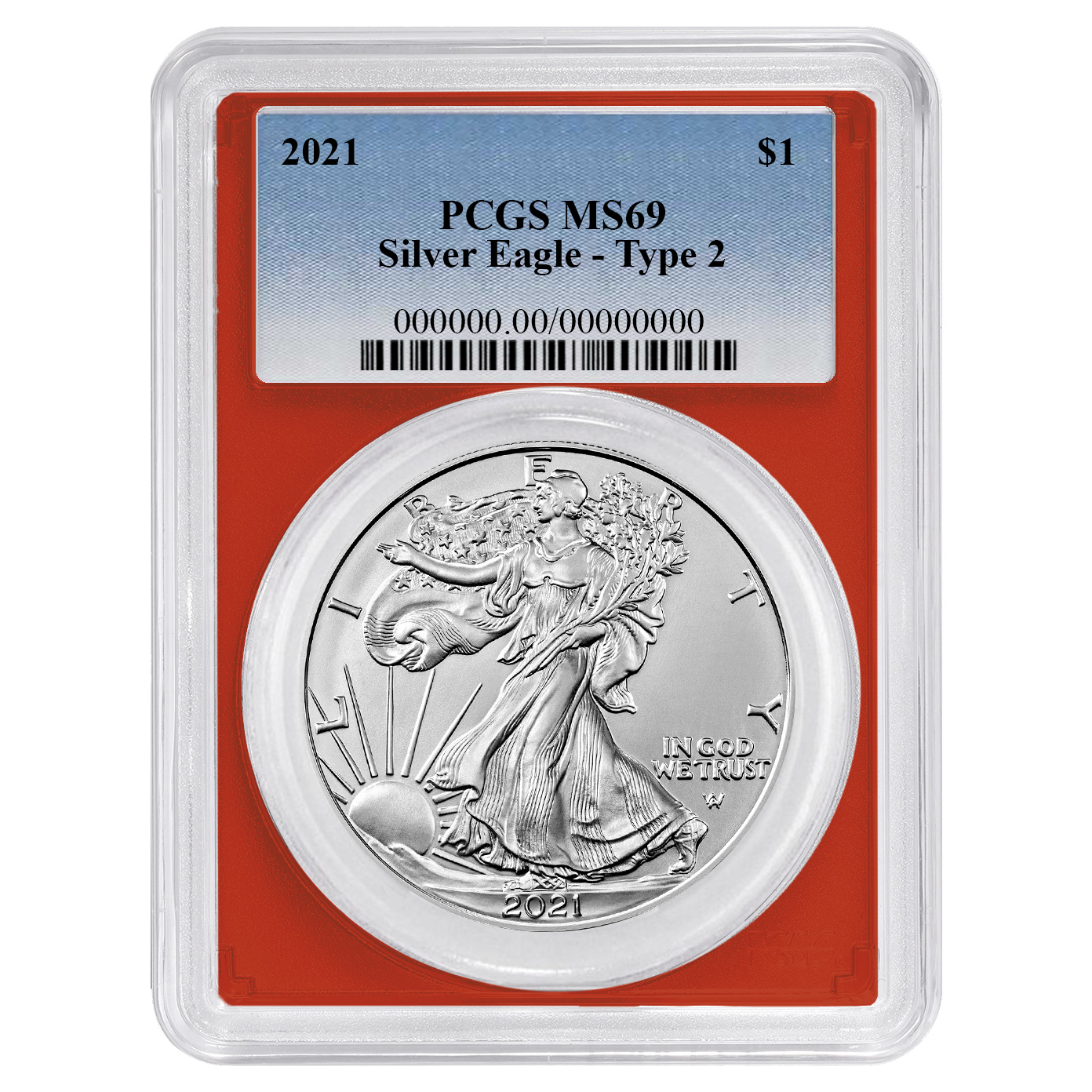2021 $1 Type 2 American Silver Eagle PCGS MS69 Blue Label Red Frame
