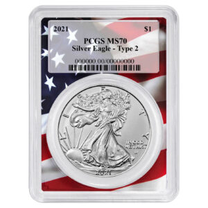 2021 $1 Type 2 American Silver Eagle PCGS MS70 Flag Frame
