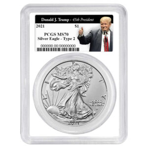 2021 $1 Type 2 American Silver Eagle PCGS MS70 Trump 45th President Label White Frame