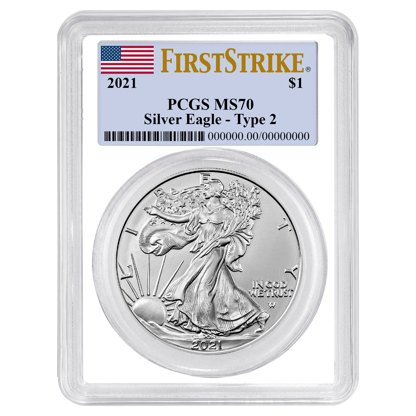 2021 $1 Type 2 American Silver Eagle PCGS MS70 FS Flag Label White Frame