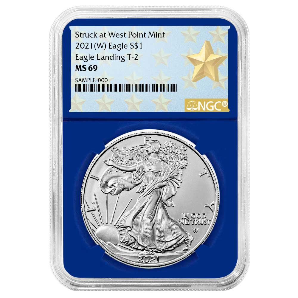 2021 (W) $1 Type 2 American Silver Eagle NGC MS69 West Point Star Label Blue Core