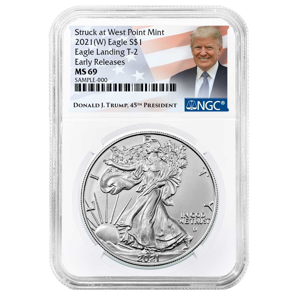2021 (W) $1 Type 2 American Silver Eagle NGC MS69 ER Trump Label