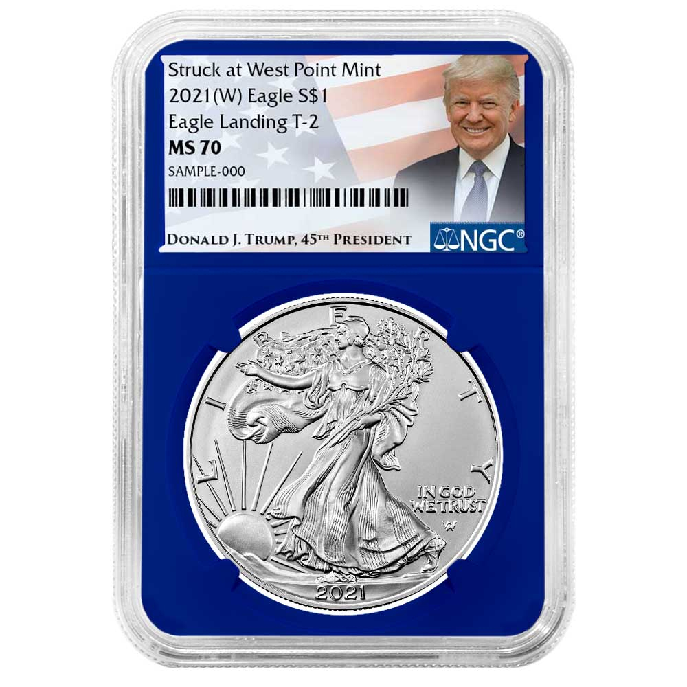 2021 (W) $1 Type 2 American Silver Eagle NGC MS70 Trump Label Blue