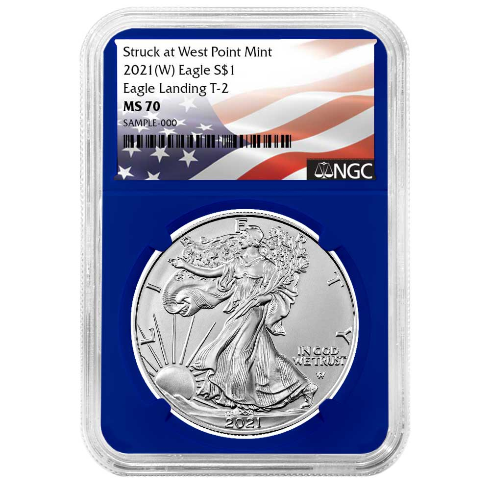 2021 (W) $1 Type 2 American Silver Eagle NGC MS70 Flag Label Blue Core