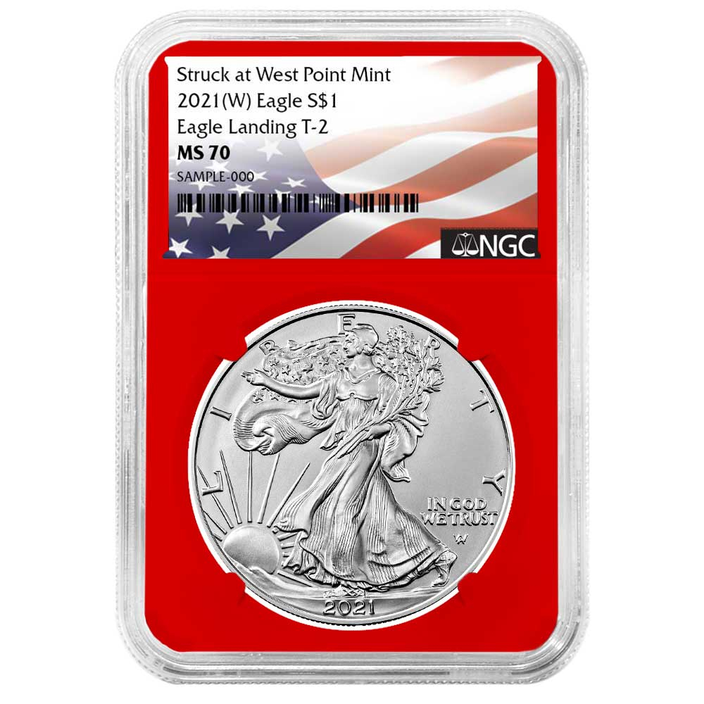 2021 (W) $1 Type 2 American Silver Eagle NGC MS70 Flag Label Red Core