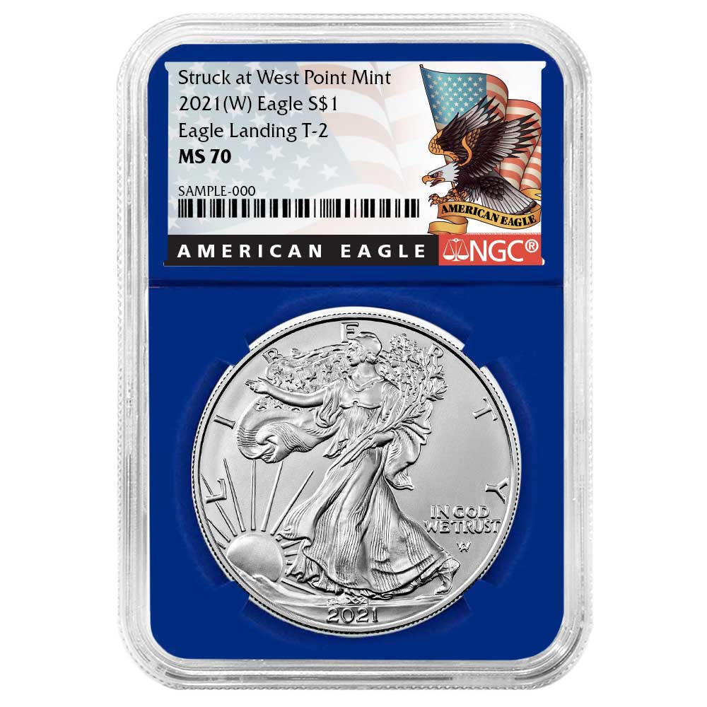 2021 (W) $1 Type 2 American Silver Eagle NGC MS70 Black Label Blue