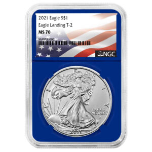 2021 $1 Type 2 American Silver Eagle NGC MS70 Flag Label Blue Core