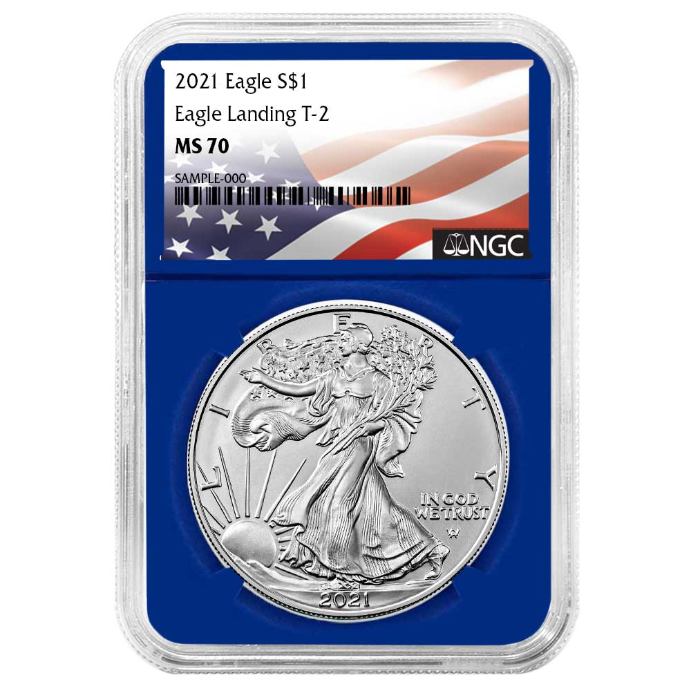 2021 $1 Type 2 American Silver Eagle NGC MS70 Flag Label Blue Core