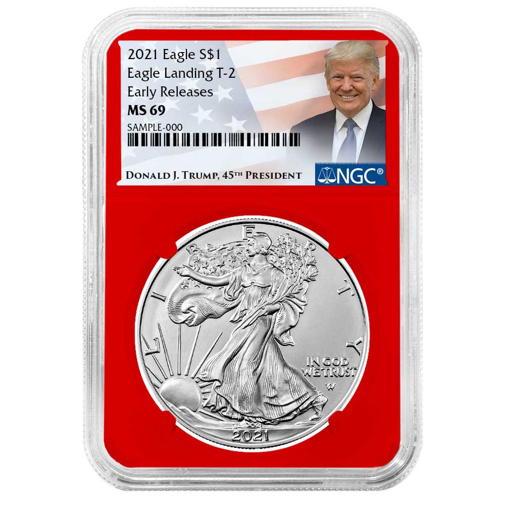 2021 $1 Type 2 American Silver Eagle NGC MS69 ER Trump Label Red Core