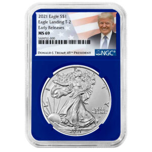 2021 $1 Type 2 American Silver Eagle NGC MS69 ER Trump Label Blue Core