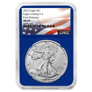 2021 $1 Type 2 American Silver Eagle NGC MS69 ER Flag Label Blue Core