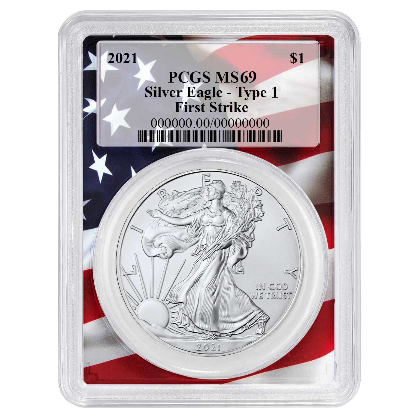 2021 $1 Type 1 American Silver Eagle PCGS MS69 FS Flag Frame