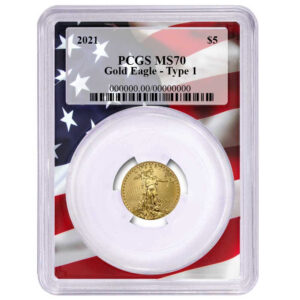 2021 $5 Type 1 American Gold Eagle 1/10 oz PCGS MS70 Flag Frame