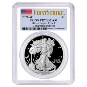 2021-W Proof $1 Type 1 American Silver Eagle Congratulations Set PCGS PR70DCAM FS Flag Label White Frame