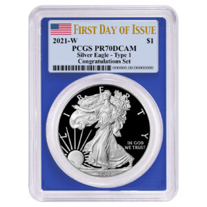 2021-W Proof $1 Type 1 American Silver Eagle Congratulations Set PCGS PR70DCAM FDOI Flag Label Blue Frame