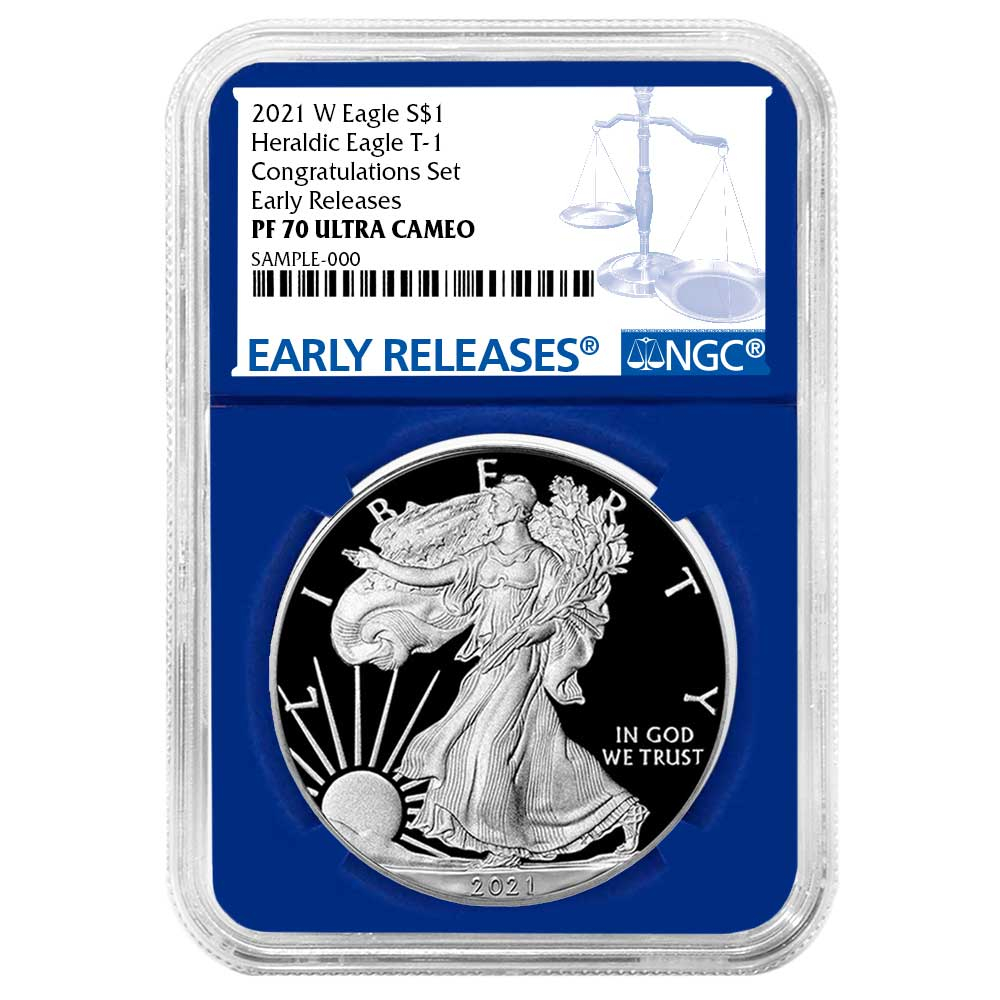 2021-W Proof $1 Type 1 American Silver Eagle Congratulations Set NGC PF70UC ER Blue Label Blue Core