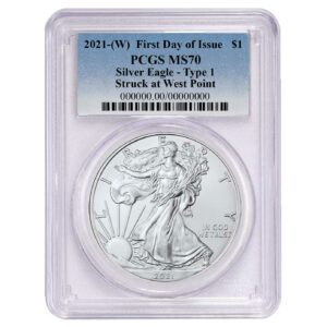 2021 (W) $1 Type 1 American Silver Eagle PCGS MS70 FDOI Blue Label