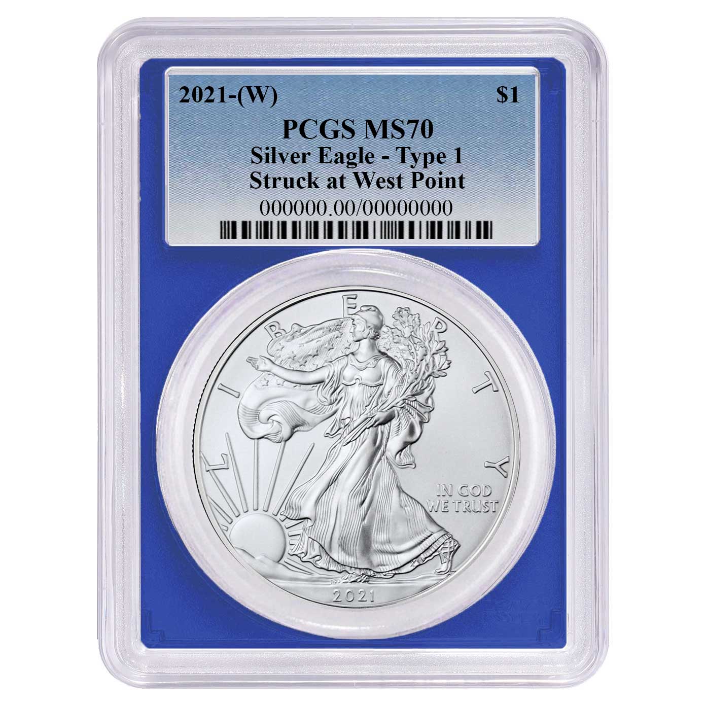 2021 (W) $1 Type 1 American Silver Eagle PCGS MS70 Blue Label Blue Frame