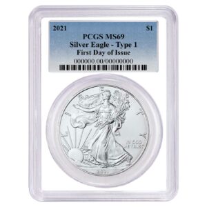 2021 $1 Type 1 American Silver Eagle PCGS MS69 FDOI Blue Label White Frame
