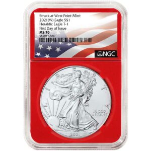 2021 (W) $1 Type 1 American Silver Eagle NGC MS70 FDI Flag Label Red Core