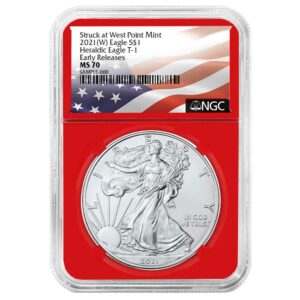 2021 (W) $1 Type 1 American Silver Eagle NGC MS70 ER Flag Label Red Core
