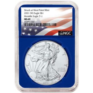 2021 (W) $1 Type 1 American Silver Eagle NGC MS69 Flag Label Blue Core