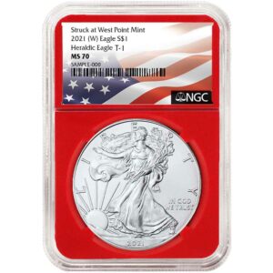 2021 (W) $1 Type 1 American Silver Eagle NGC MS70 Flag Label Red Core
