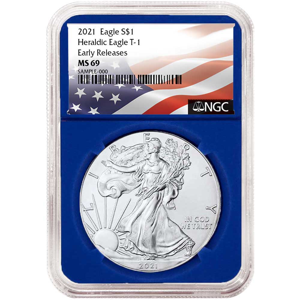 2021 $1 Type 1 American Silver Eagle NGC MS69 ER Flag Label Blue