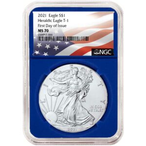 Product History: The 2021 $1 Type 1 American Silver Eagle NGC MS70 FDI Flag Label Blue Core represents the enduring legacy of the American Silver Eagle series, which was first introduced in 1986. The Type 1 designation distinguishes this coin as the original design that has stood as a symbol of American ingenuity and exceptionalism for decades. Product Features: The 2021 $1 Type 1 American Silver Eagle NGC MS70 FDI Flag Label Blue Core contains 1 troy ounce of .999 fine silver and boasts a perfect MS70 grade from NGC. It features a flag label and the coveted Blue Core holder, ensuring its safe and secure delivery to your collection. Description: Add the 2021 $1 Type 1 American Silver Eagle NGC MS70 FDI Flag Label Blue Core to your collection and admire the remarkable craftsmanship and intrinsic value of this timeless coin. With its stunning design, impeccable MS70 grade, and protective packaging, this piece of numismatic history makes for a prized addition to any collection or gift for the discerning collector.