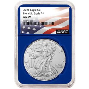2021 $1 Type 1 American Silver Eagle NGC MS69 Flag Label Blue Core