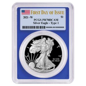2021-W Proof $1 Type 1 American Silver Eagle PCGS PR70DCAM FDOI Flag Label Blue Frame