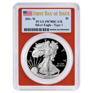 2021-W Proof $1 Type 1 American Silver Eagle PCGS PR70DCAM FDOI Flag Label Red Frame