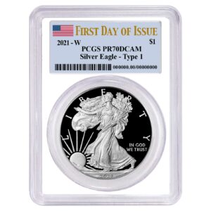 2021-W Proof $1 Type 1 American Silver Eagle PCGS PR70DCAM FDOI Flag Label White Frame