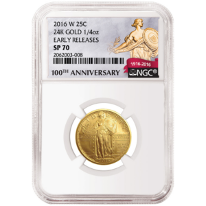 2016-W 25c Gold Standing Liberty Quarter Centennial 1/4 oz NGC SP70 100th Ann ER